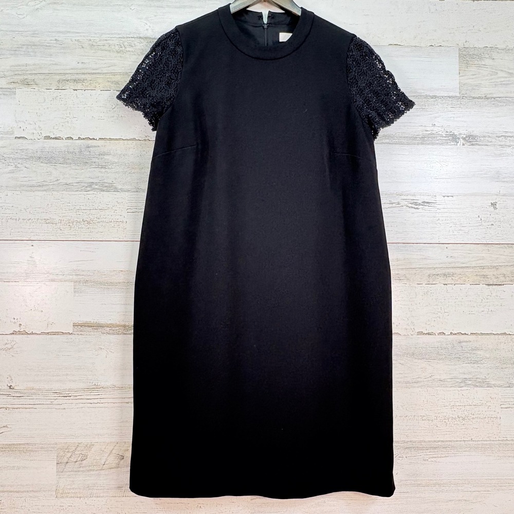 LOFT Womens Black Crochet Lace Short Sleeve Mock Neck‎ Shift Dress Size 6M LBD